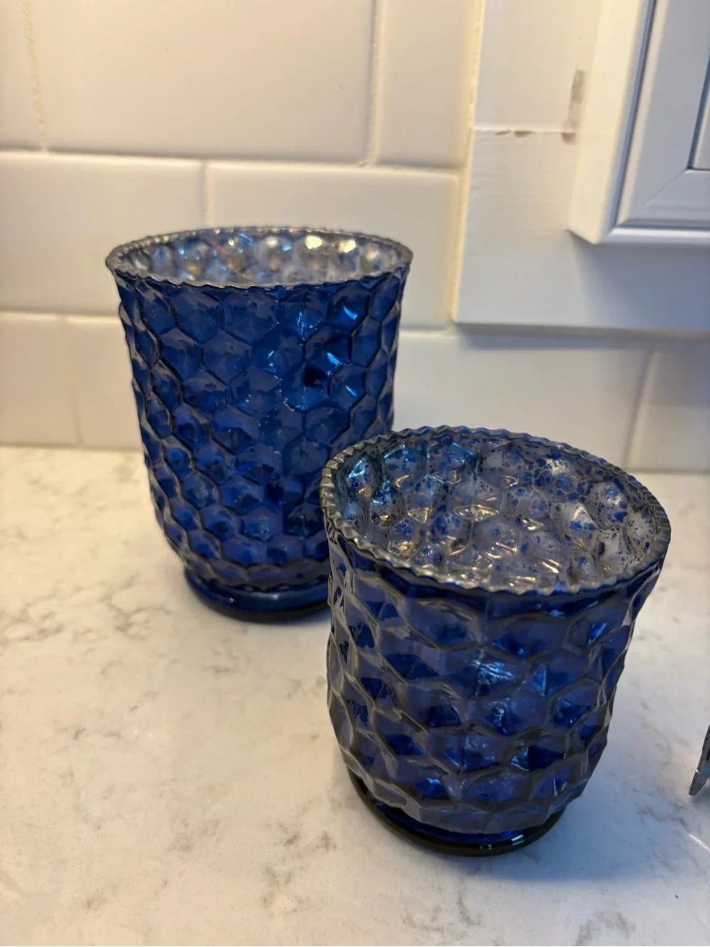 Set of 5 Blue Glass Textured votive  - for flameless candles only